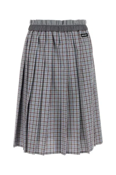 Miu Miu Check Pleated Skirt Elasticated Waistband In Gray