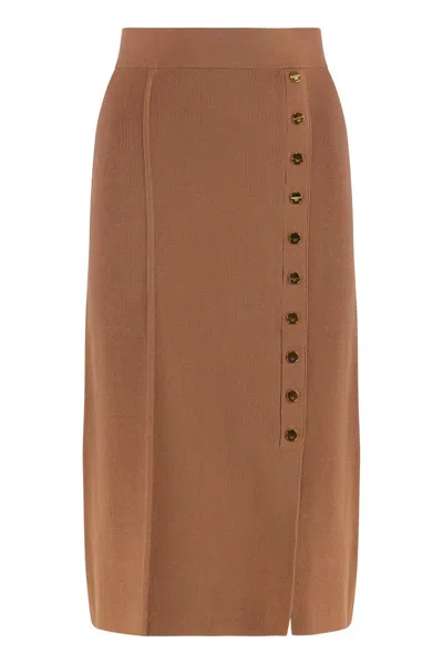 Elisabetta Franchi Skirt In Knitted Fabric With Jewel Buttons In Brown