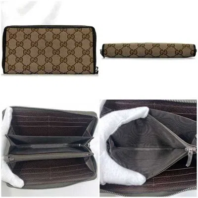 Pre-owned Gucci Beige Brown Canvas Leather Long Wallet (bi-fold) () In Multi