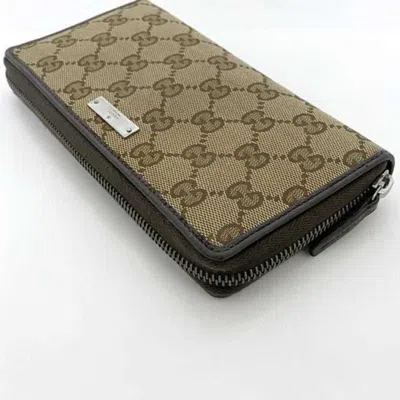 Pre-owned Gucci Beige Brown Canvas Leather Long Wallet (bi-fold) () In Multi