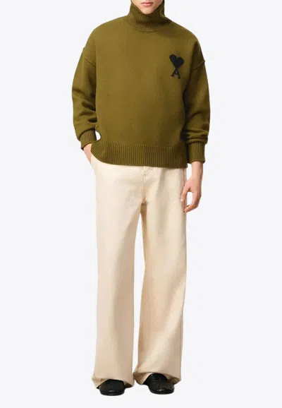 Ami Alexandre Mattiussi Khaki Wool Ami De Coeur Funnel Neck Sweater Green In Green