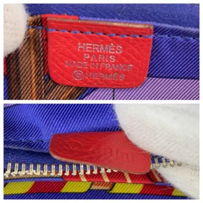 Pre-owned Hermes Bougainvillier Red Color Epsom Leather Silk Coin Purse/coin Case ()