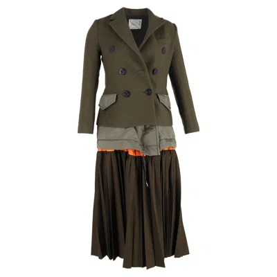 Sacai Melton Layered Blazer Dress In Green Wool In Green