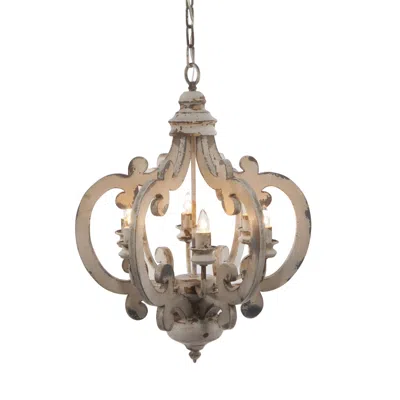 Hivvago Aki 21 Inch 6 Light Chandelier, Carved Wood Frame, Classic, Vintage, White In Brown