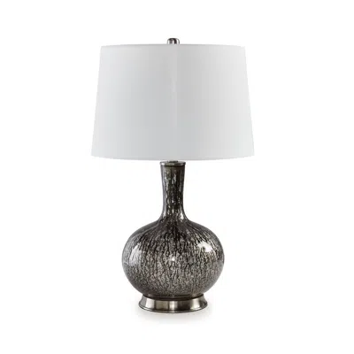 Hivvago 26 Inch Table Lamp, Tall Black Round Glass Base, White Drum Fabric Shade In Multi
