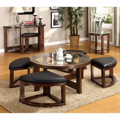 Hivvago Gracious Round Wooden Coffee Table With Stylish Wedge Shaped 4 Ottomans In Multi