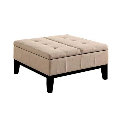Hivvago Orin 36 Inch Ottoman, Split Storage Lid, Tufted Beige Upholstery, Wood In Brown