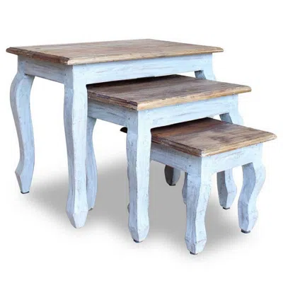 Hivvago 3pc Nesting End Table Set, Light Blue Turned Legs Brown Reclaimed Wood In Multi