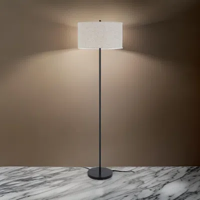 Hivvago Sie 59 Inch Floor Lamp, White Linen Shade, Round Base, Black Metal Pole In White