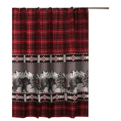 Hivvago Sofia 72 Inch Bear Shower Curtain, Red And Black Plaid, Poly Microfiber In Multi