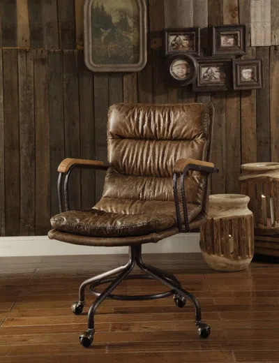 Hivvago Metal & Leather Executive Office Chair, Vintage Whiskey Brown In Brown
