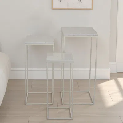 Hivvago Plant Stand Table Set Of 3, White Marble, Metal Frames, Square Tops In White