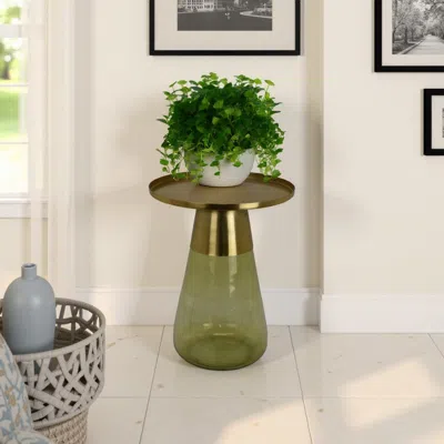 Hivvago Palio Plant Stand Accent Table, Round Gold Metal, Green Glass Tapered In Green
