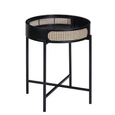 Hivvago Bert 24 Inch Round End Table, Rattan Apron Accent, Metal Legs, Black In Black