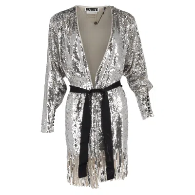Rotate Birger Christensen Samantha Belted Fringed Sequined Tulle Wrap Dress In Silver Polyester In Silver