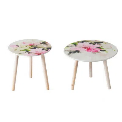 Hivvago Byle 16, 20 Inch Side Table Set Of 2, Floral Design, Pink And White In White
