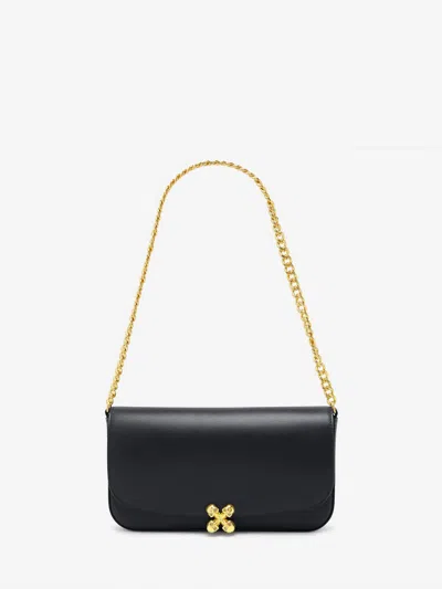 Alexander Mcqueen Black Leather Skull Flower Small Shoulder Bag In Animal Print