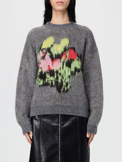 Msgm Multicolor Crewneck Sweater With Maxi Embroidery On The Front In Wool Blend Woman In Gray