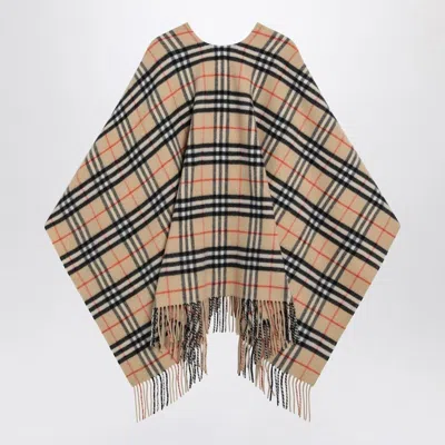 Burberry Wool And Cashmere Cape With Check Pattern In Neutral