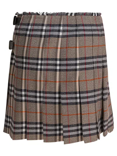 Burberry Plaid Pleated Skirt With Frayed Hem And Buckle Accents In Brown