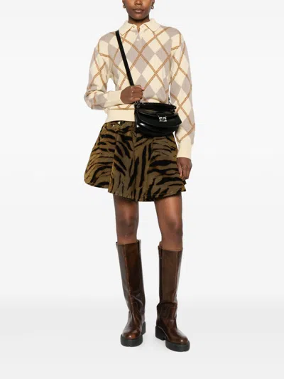 Ganni Printed Flock Denim Mini Skirt Khaki In Animal Print