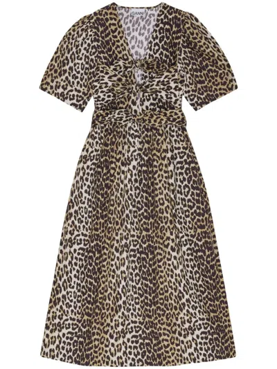 Ganni Leopard Printed Cotton Tie Strap Midi Dress In Brown