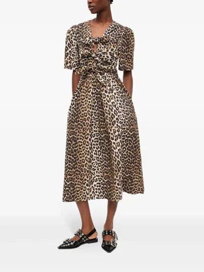 Ganni Leopard Printed Cotton Tie Strap Midi Dress In Brown
