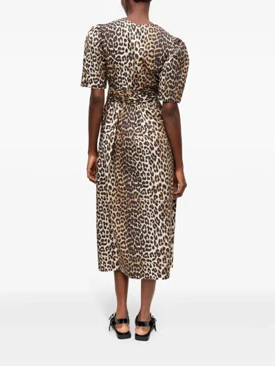 Ganni Leopard Printed Cotton Tie Strap Midi Dress In Brown