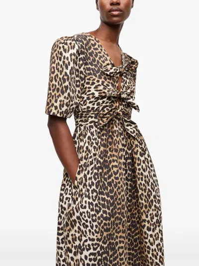 Ganni Leopard Printed Cotton Tie Strap Midi Dress In Brown