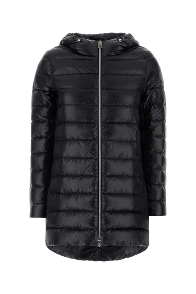 Herno Black Down Jacket With Fixed Hood And Two Front Welt Pockets With Zip In Animal Print