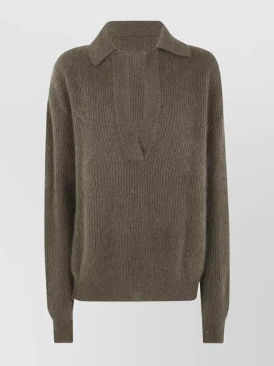 Uma Wang Long Sleeve Ribbed Polo Shirt Design In Brown