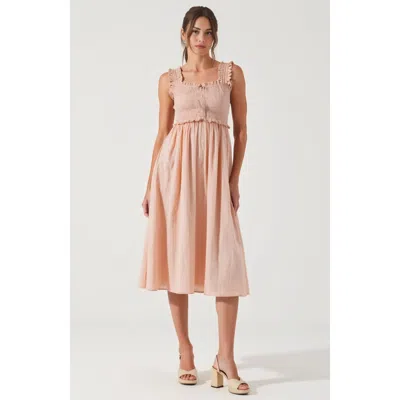 Modenaire Smocked Midi Dress With Ruffle Straps And Button-front Detail In Pink
