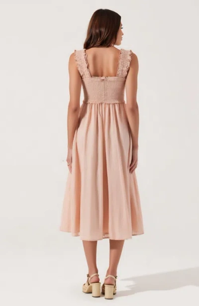 Modenaire Smocked Midi Dress With Ruffle Straps And Button-front Detail In Pink