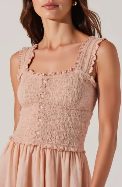 Modenaire Smocked Midi Dress With Ruffle Straps And Button-front Detail In Pink