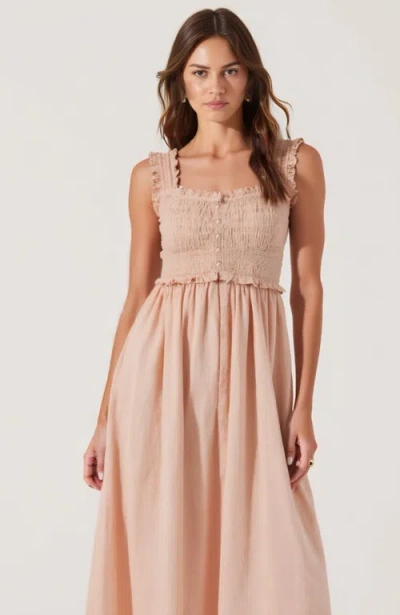 Modenaire Smocked Midi Dress With Ruffle Straps And Button-front Detail In Pink