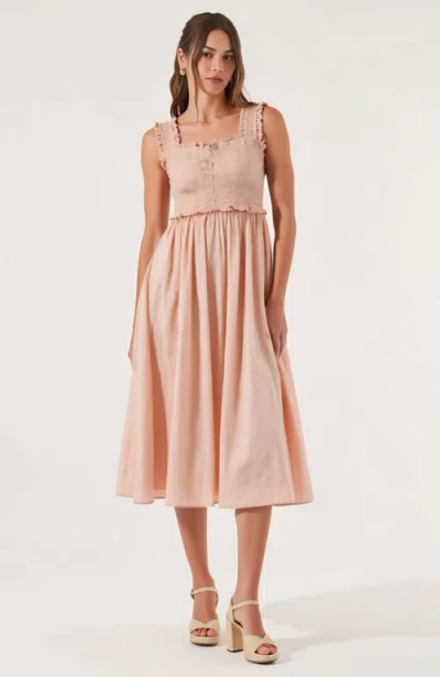 Modenaire Smocked Midi Dress With Ruffle Straps And Button-front Detail In Pink