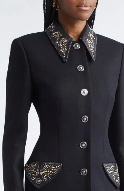Versace Felted Studded Longline Coat In Black