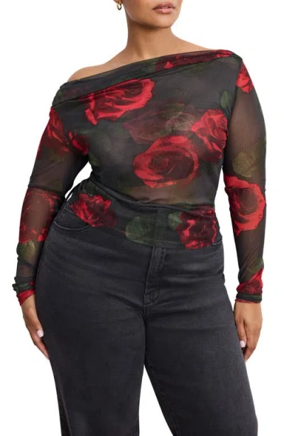 Good American Mesh Ruched Asymmetric Top In Brown