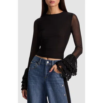 Alice And Olivia Delaina Sheer Sleeve Cropped Top In Black