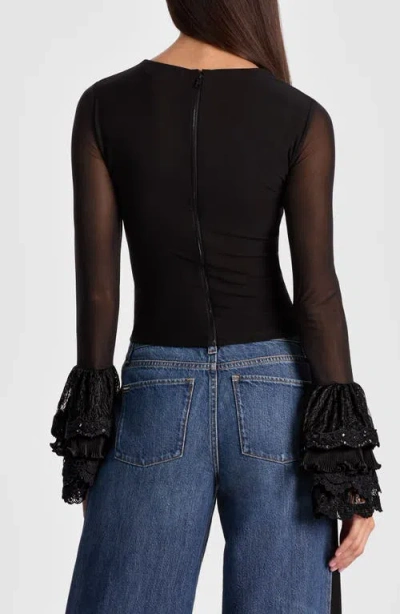 Alice And Olivia Delaina Sheer Sleeve Cropped Top In Black