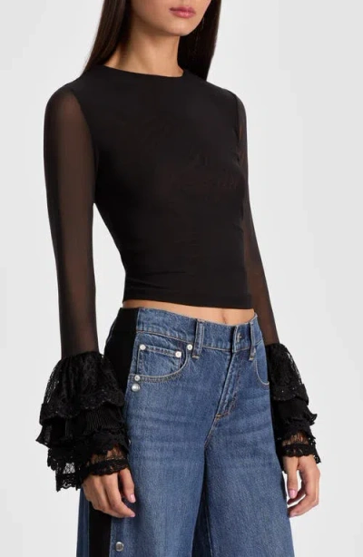 Alice And Olivia Delaina Sheer Sleeve Cropped Top In Black