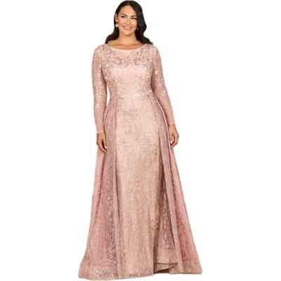 Lara New York Long Sleeve Gown With Overskirt & Illusion Neckline In Pink