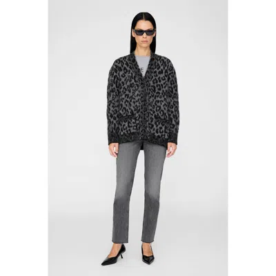 Anine Bing Leopard Print Cardigan Featuring Front Pockets In Gray