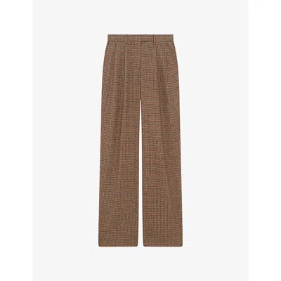 The Kooples Womens Houndstooth-pattern Wide-leg Mid-rise Wool-blend Trousers Camel Melange / Burgundy In Brown