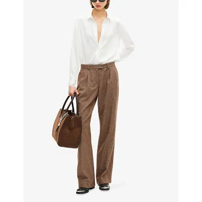 The Kooples Womens Houndstooth-pattern Wide-leg Mid-rise Wool-blend Trousers Camel Melange / Burgundy In Brown