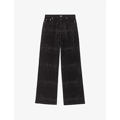 Maje Womens Rhinestone Wide-leg Mid-rise Stretch-denim Jeans Black