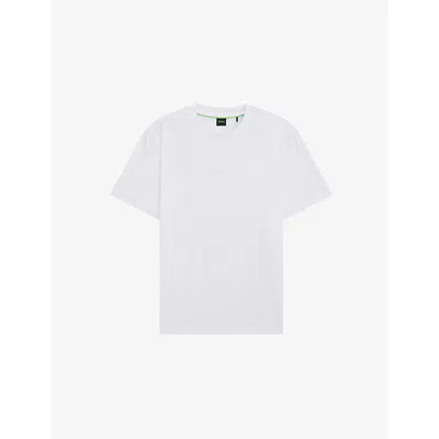 Hugo Boss Boss Mens White Crewneck Embroidered Branding Cotton-jersey T-shirt