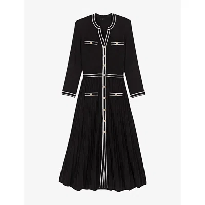 Maje Womens Pleated V-neck Stretch-knit Midi Dress Black