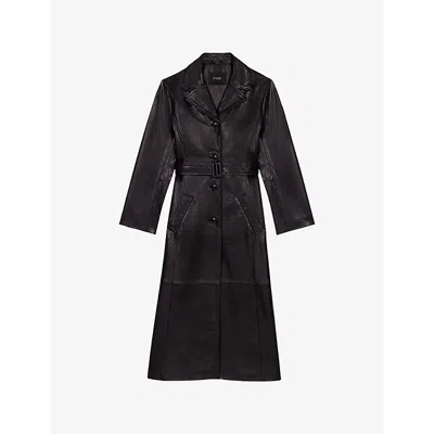 Maje Womens Long Belted-waist Leather Trench Coat Black