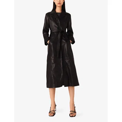 Maje Womens Long Belted-waist Leather Trench Coat Black